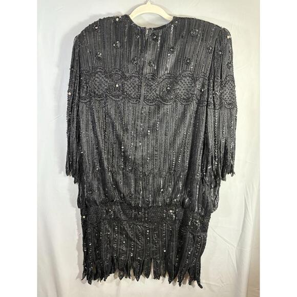 Judith Ann Plus Early 80s sz 1X Beaded Sequin Flapper Dress Fringe Sleeve/Hem - Picture 2 of 6